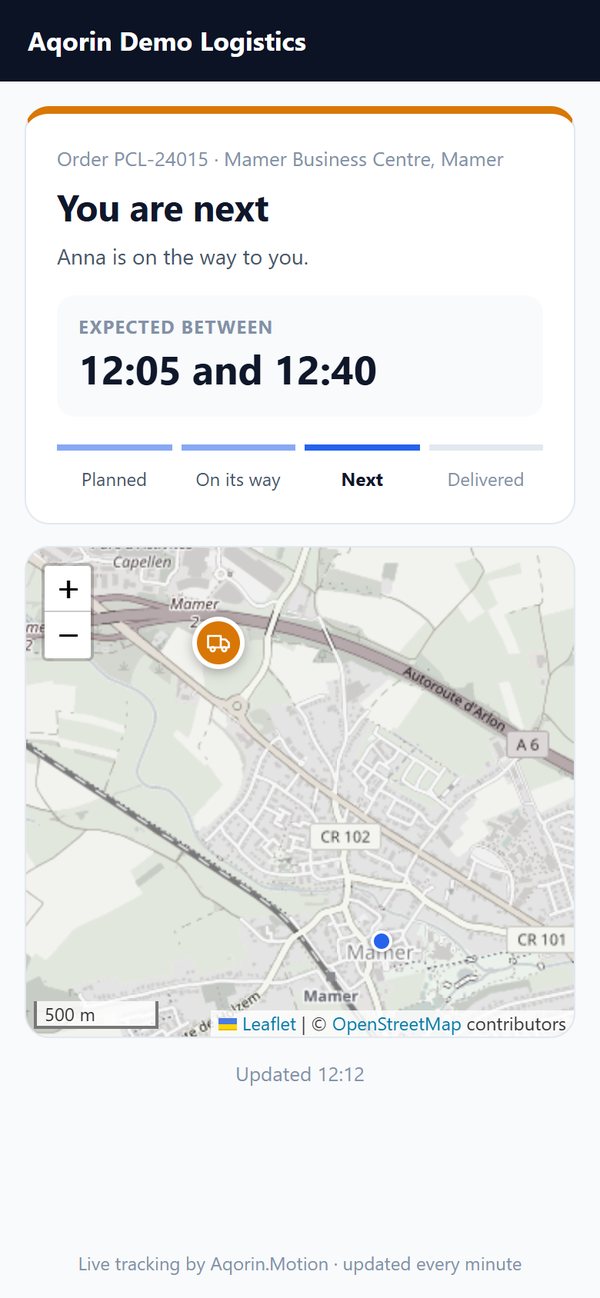 Customer tracking page: you are next, expected between 12:05 and 12:40, van on the map