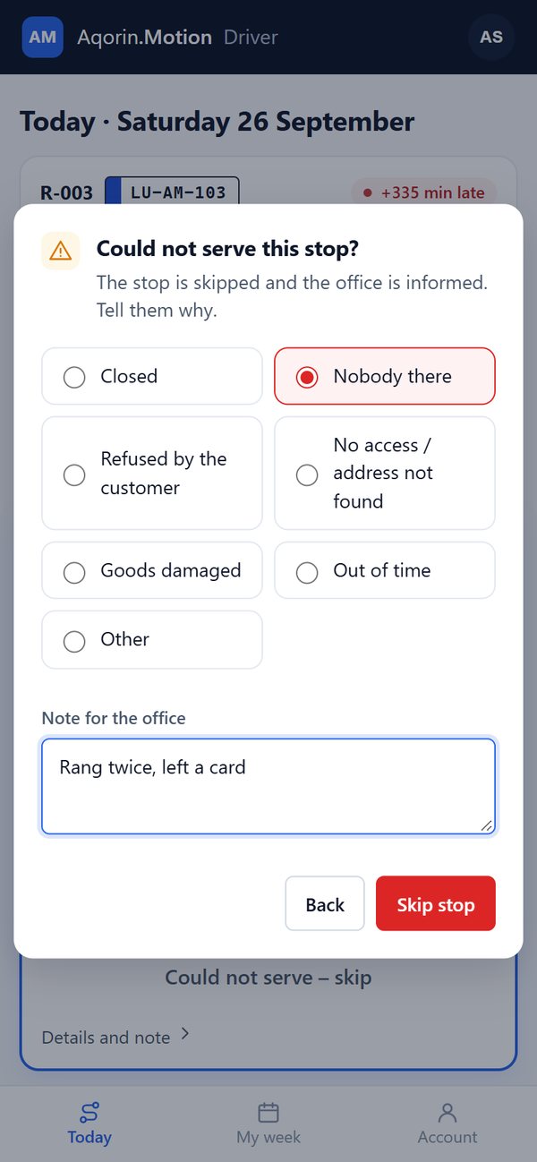 Driver app: skipping a stop with a reason
