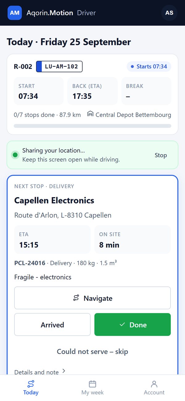 Driver app showing today's route and the next stop