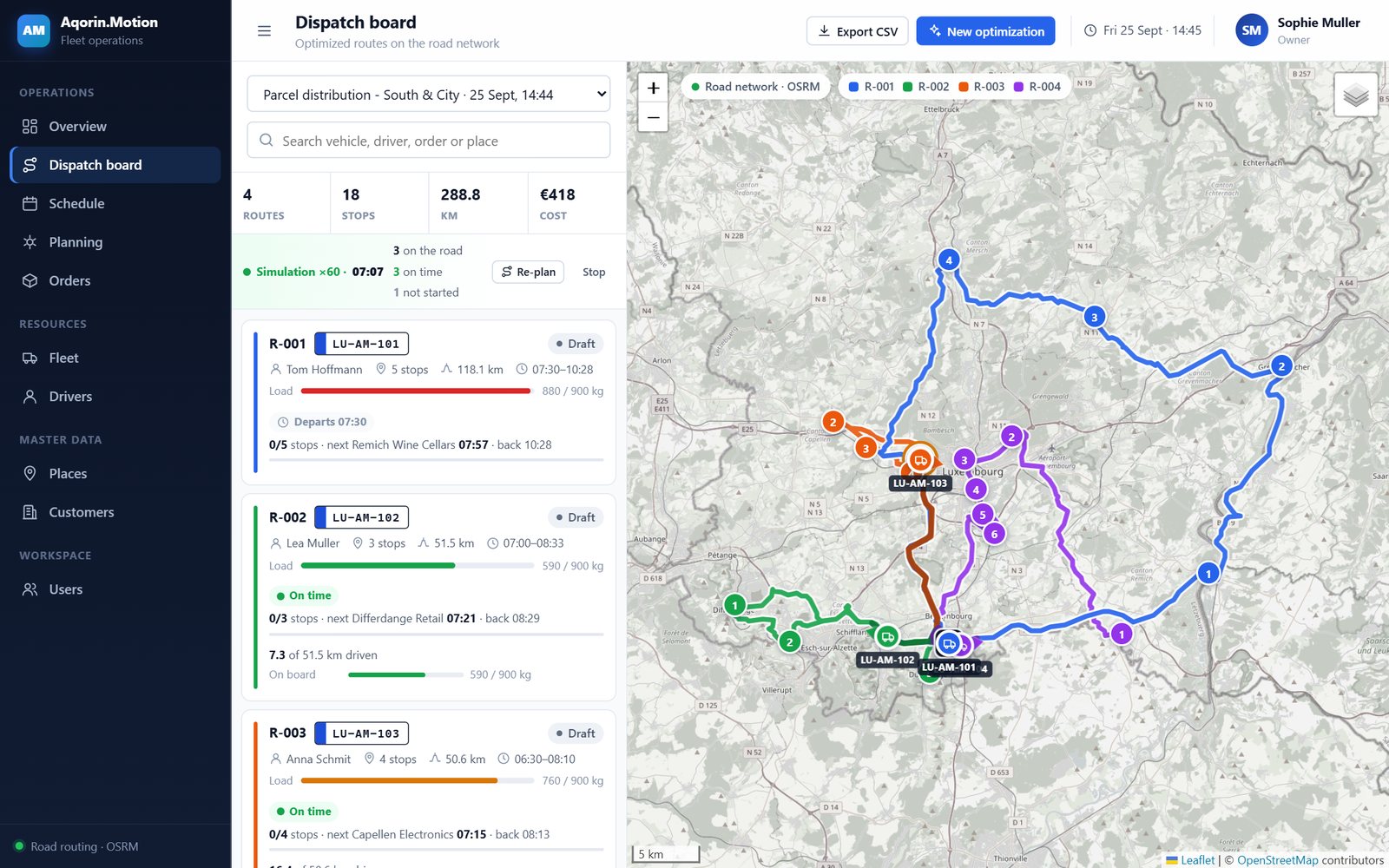 Dispatch board with vehicles on the road, live ETAs and routes on the map