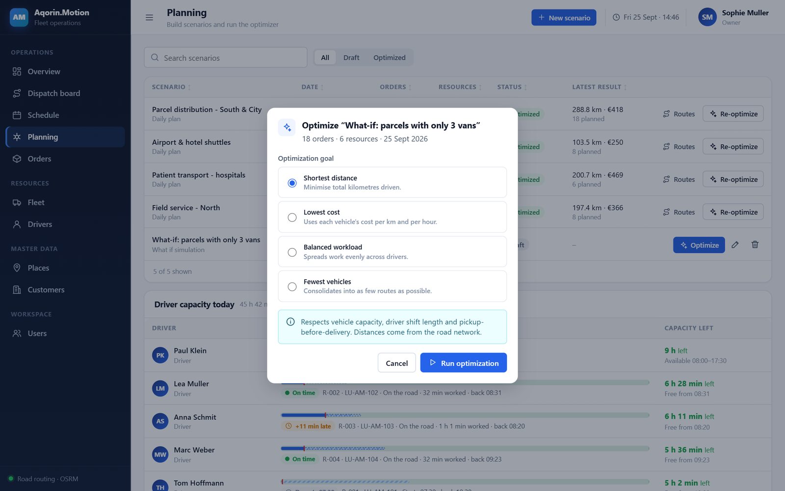 Optimization dialog with the goals shortest distance, lowest cost, balanced workload and fewest vehicles