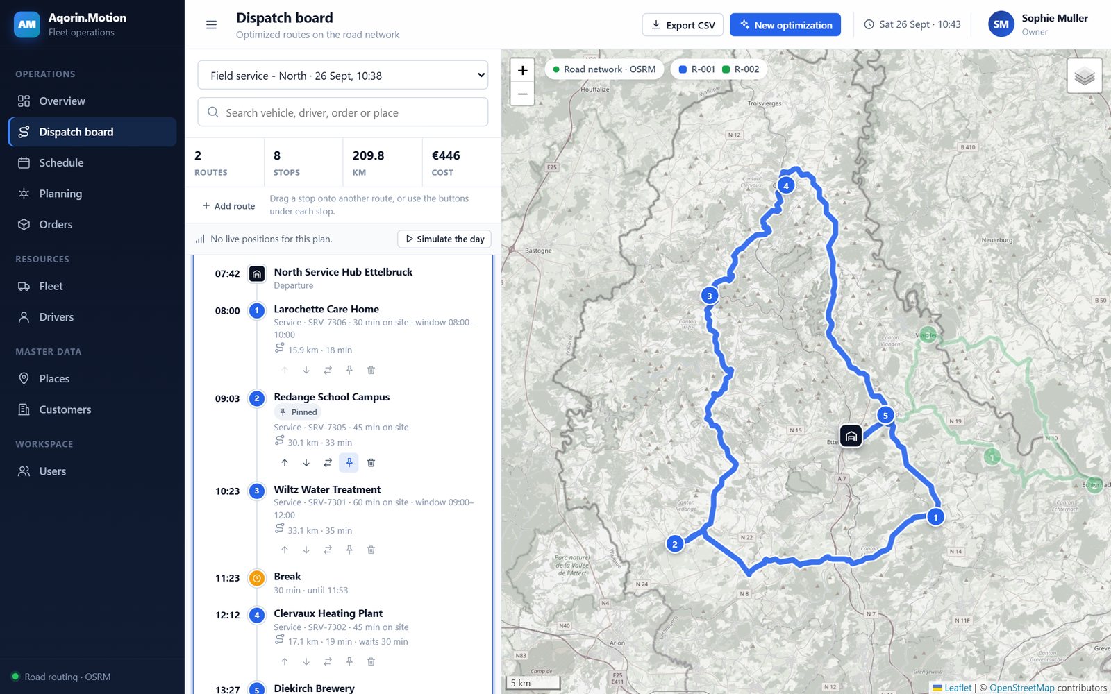Dispatch board with a route opened for editing: reorder, move, pin and remove stops