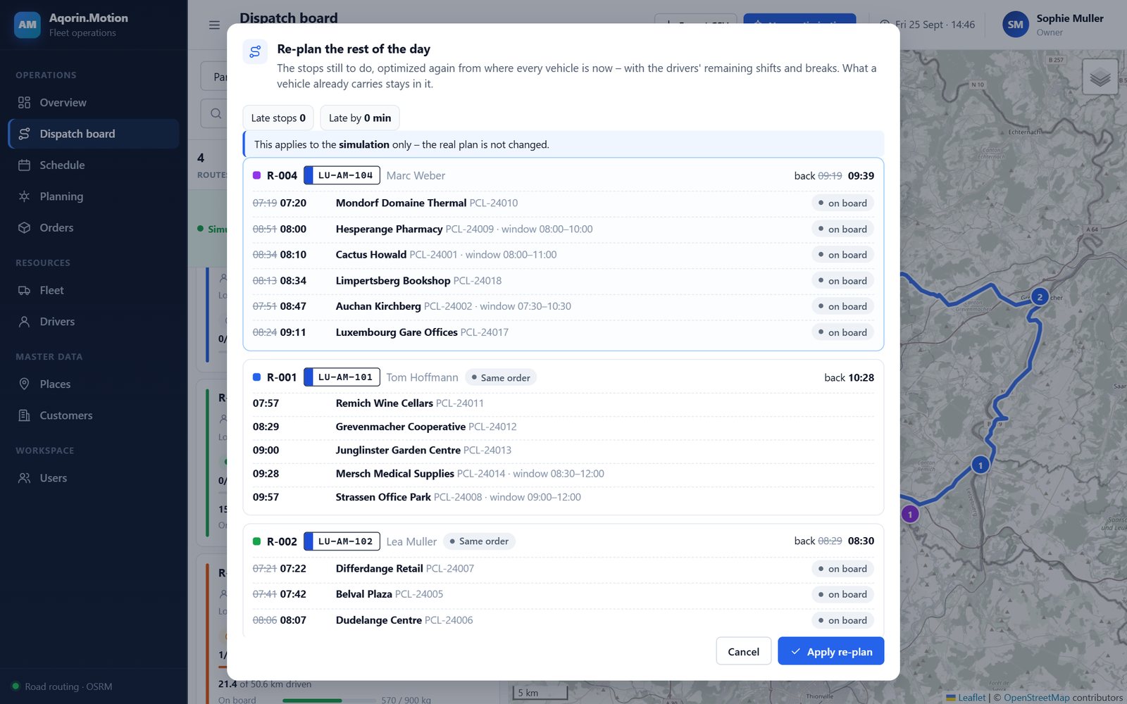 Re-plan proposal comparing late stops and moves before and after