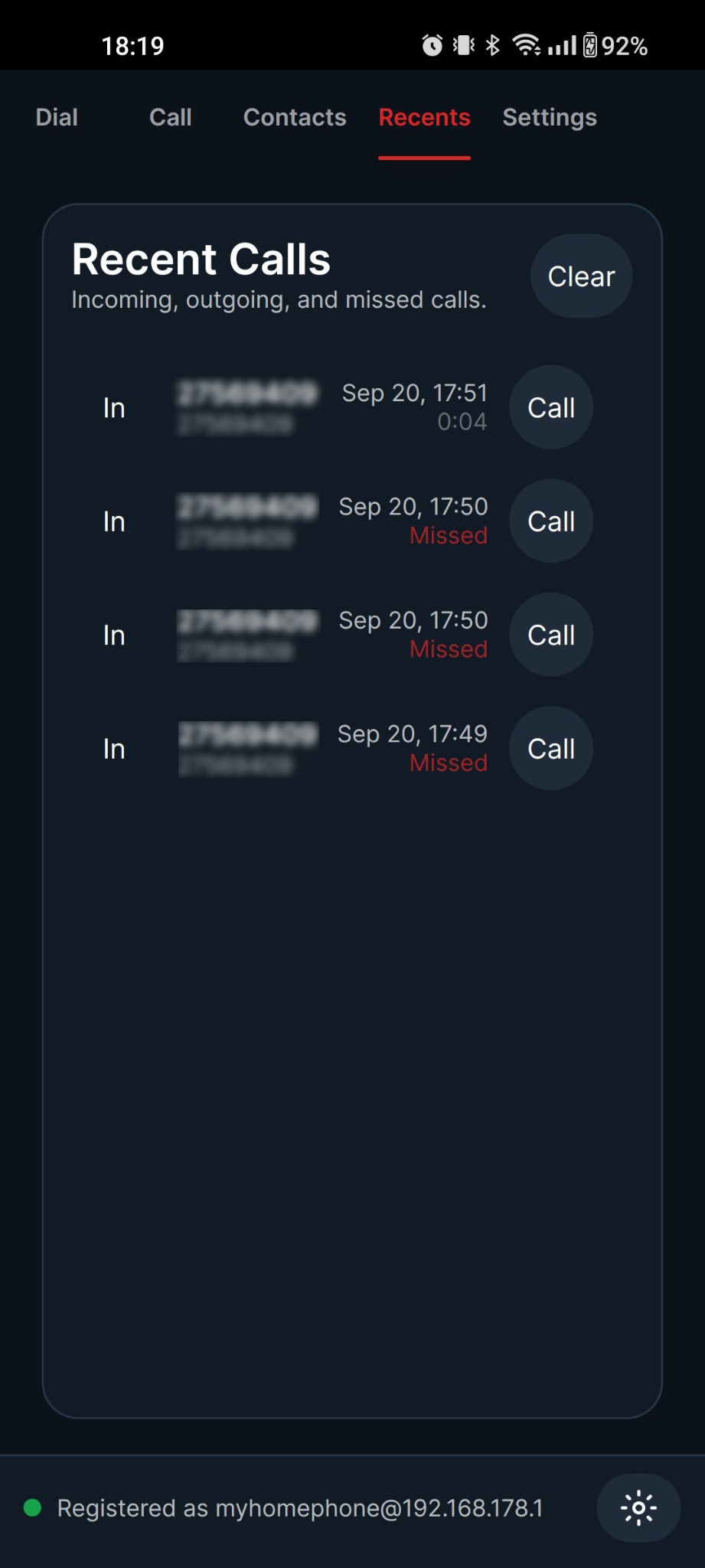 Android recent calls screen