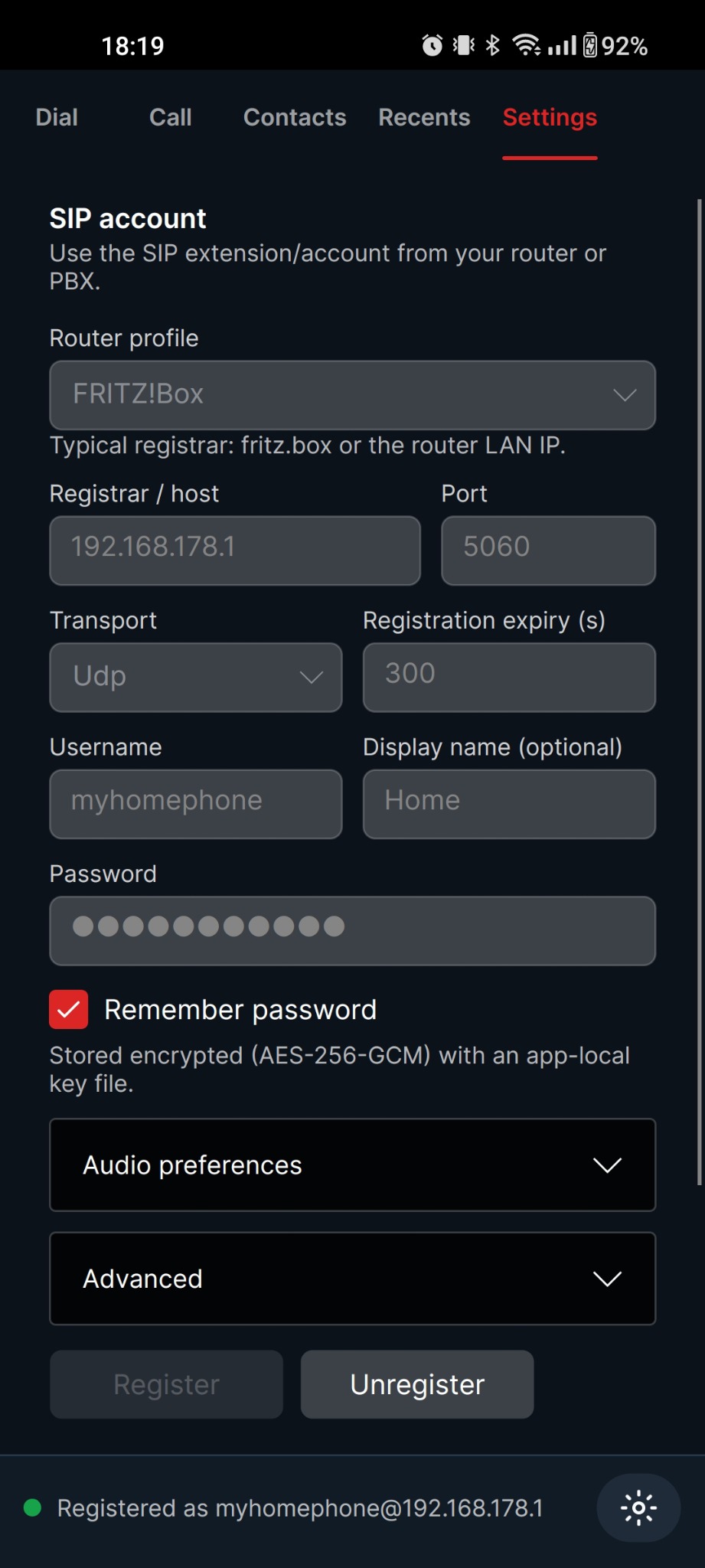 Android SIP settings screen