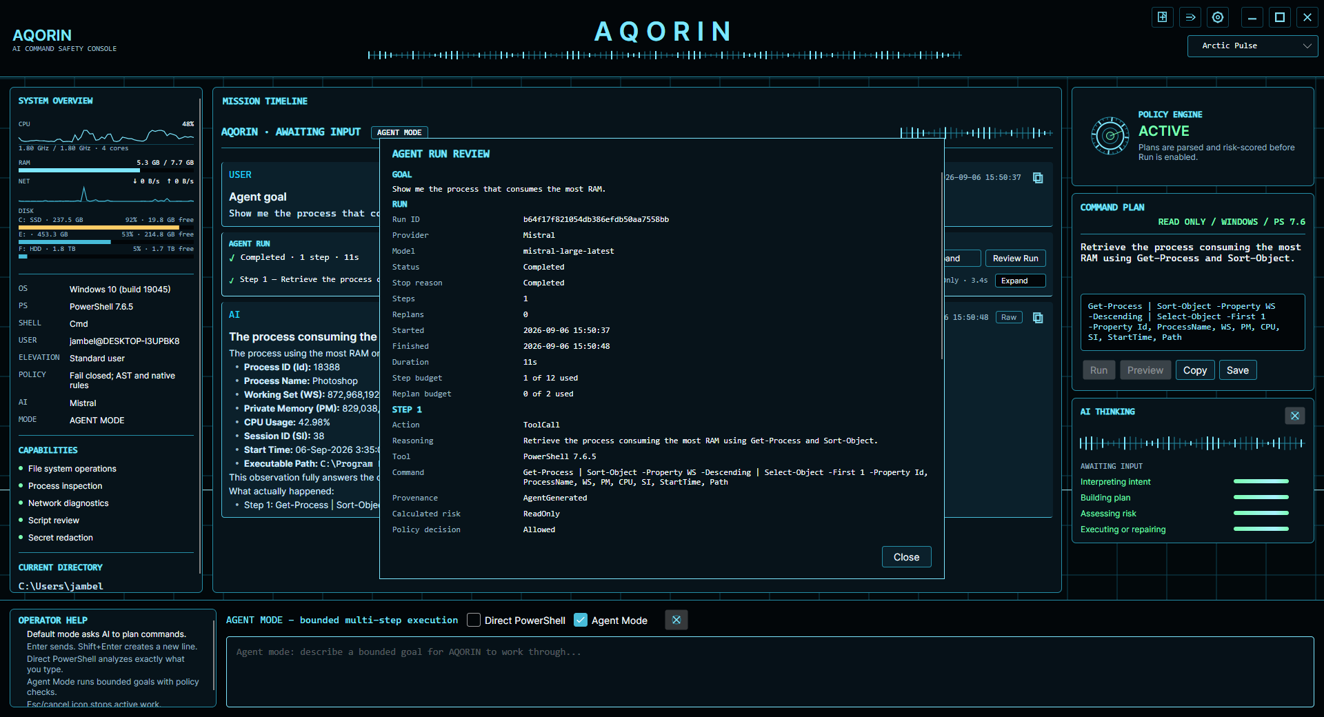 AQORIN agent run review window