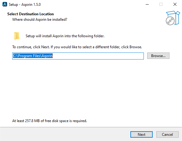 AQORIN installer destination folder screen