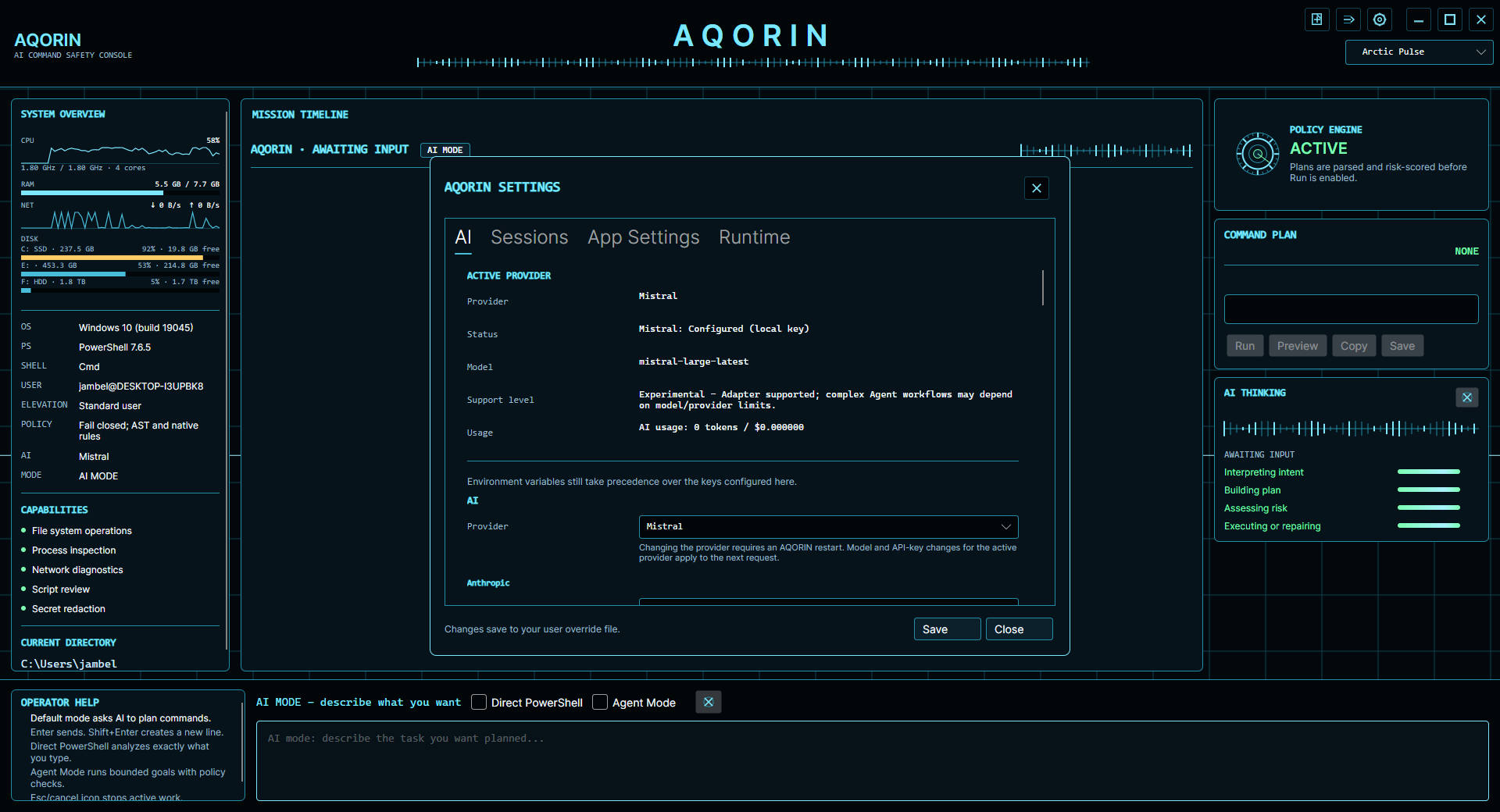AQORIN App Settings AI provider selection