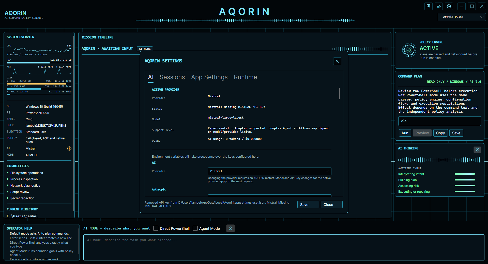 AQORIN settings AI tab showing active provider and missing API key