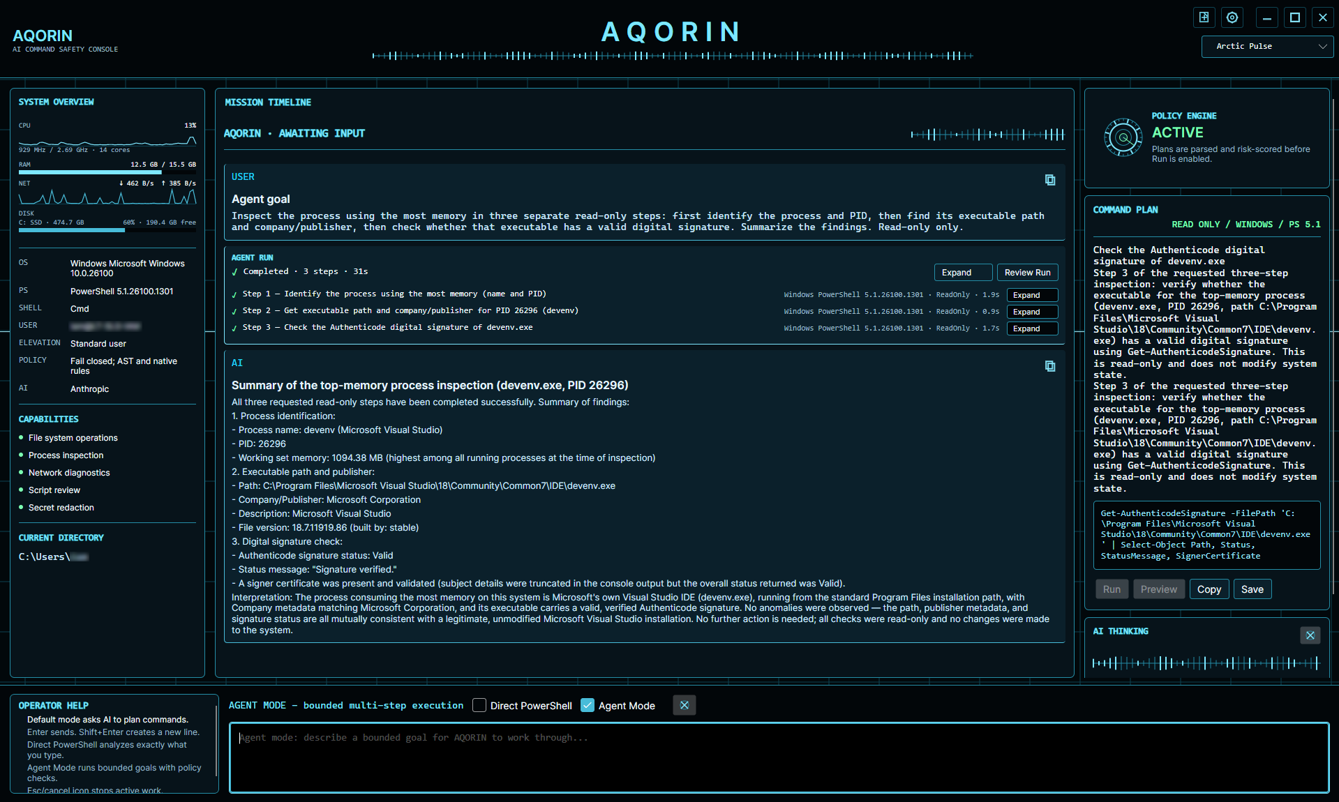 AQORIN AI Command Safety Console screenshot.