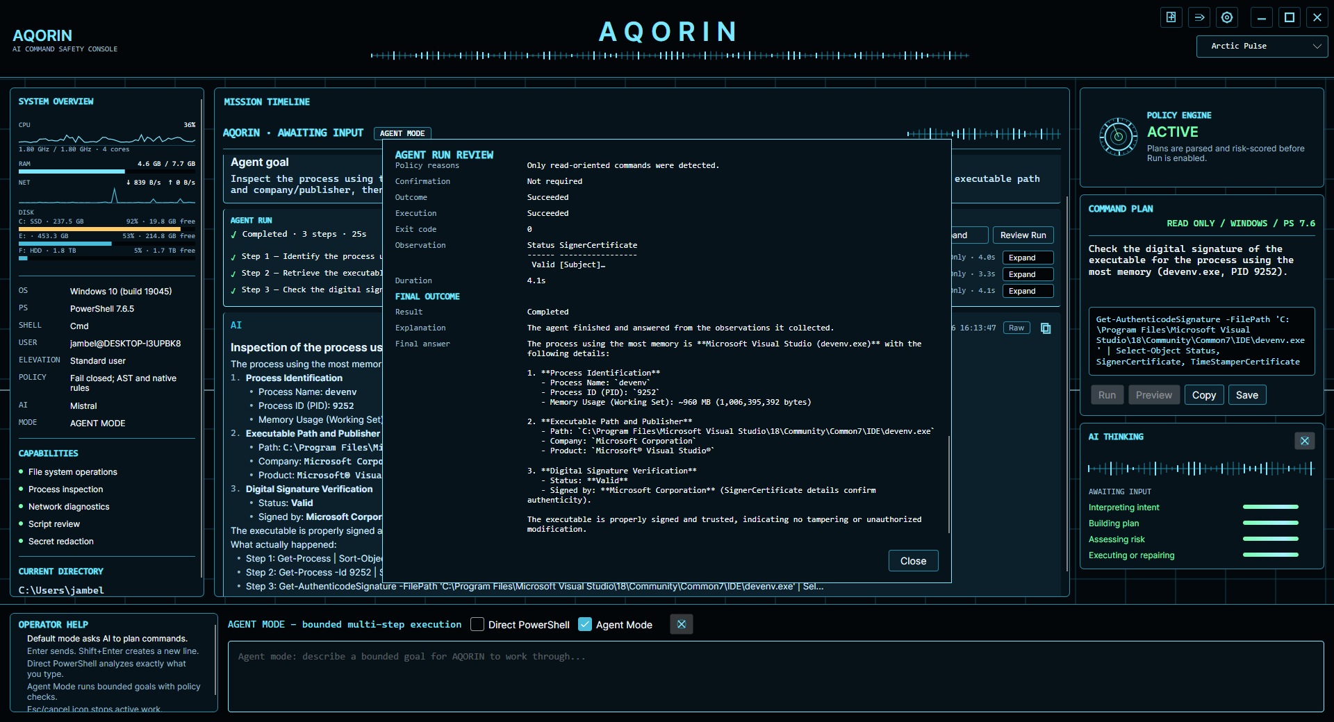 AQORIN AI Command Safety Console screenshot.